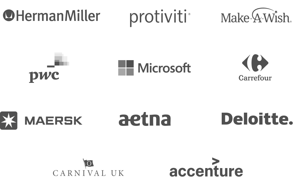 Logo lockup graphic of multiple OneTrust customer logos including Herman Miller, protiviti, make a wish, pwc, Microsoft, Carrefour, Maersk, aetna, Deloitte, KPMG, Carnival UK and accenture